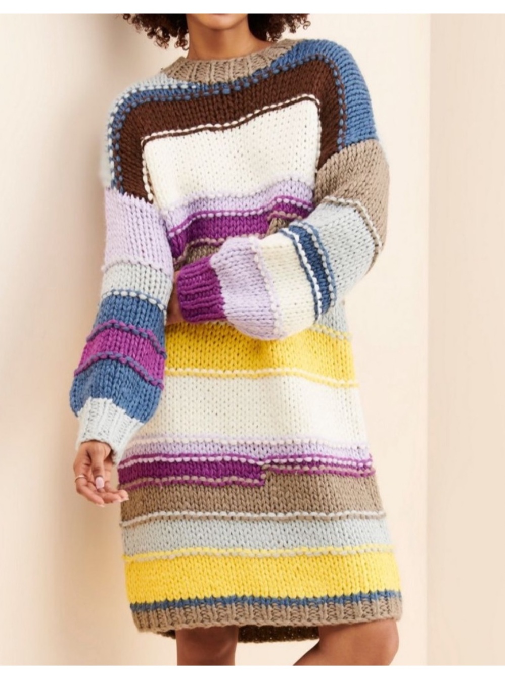 Callahan Striped Chunky Knit Long Sleeve Dress in Yellow, Purple, Blue & Brown